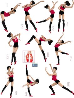 the woman is doing different poses for her body and legs in various positions, from top to bottom