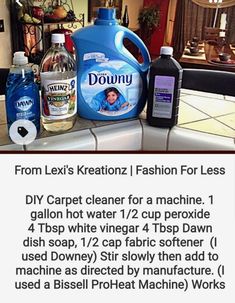 the instructions for how to use downy fabric cleaner and other household cleaning products on a countertop