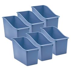 six blue plastic storage bins with handles