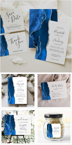 blue and white wedding stationery with matching cards