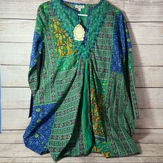 Velzera Boho Top Nwt Size M. One Of The Fasteners For The Buttons Is Detached As Seen In Photos. Style # Vl-Ied58 Green Hippie Blouse For Festivals, Green Hippie Festival Blouse, Green Casual Blouse For Festival, Green Patchwork Tops For Festival, Green Tunic Blouse For Festival, Green Bohemian Tunic Blouse, Green Bohemian Block Print Tops, Boho Top, Boho Tops