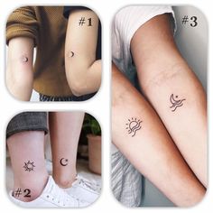 three different tattoos on the legs of two people, one with sun and moon symbols