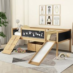 a child's bedroom with a slide, bed and desk in the shape of a house