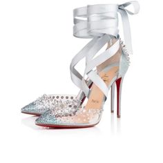 Christian Louboutin's Mechante Reine 40.5 Reimagines Cinderella's Glass Slipper Stiletto As If It Were Designed By A Maleficent Queen. Gone The Evanescence Of The Innocent Girl's Slipper, Which Gives Way To Iridescent Studs Of Varying Sizes Covering The Pvc Toe And Cloud Blue Suede Counter. An Elegant Ribbon Crosses Over The Foot Before Wrapping Around The Ankle, Above A Superfine 100mm Suede Heel. 4"/100mm Heel (Approximately). Pointed Toe. Crisscross Ribbon Ties. Suede-Covered Stiletto Heel. O Luxurious Shoes, Fashion Shoes Heels, High Heels Boots, Prom Heels, Christian Louboutin Heels, Louboutin Heels, Fancy Shoes, Christian Louboutin Women, Evening Shoes