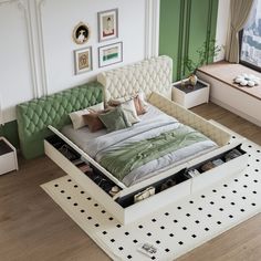 a bed that is sitting in the middle of a room with lots of drawers on it