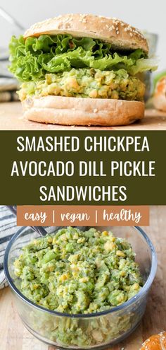 an avocado salad is shown with the words smashed chickpea avocado salad sandwiches vegan