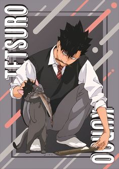 an anime character is petting a cat on the ground with his paw in front of him