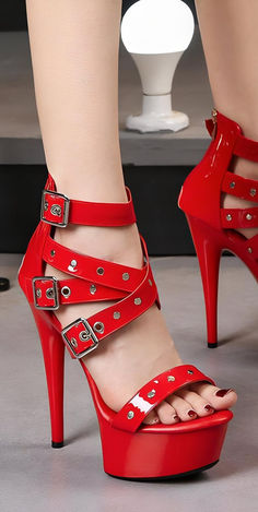 Transform your look with these chic red platform heels! Perfect for parties, nightclubs, and special events, these stunning stilettos feature a secure fit with stylish buckle straps and a cushioned insole for all-night comfort. Shop now and enjoy worldwide shipping, free size exchanges, and free returns. Red Platform Heels In Polyurethane, Red Knee-high Platform Boots For Party, Glamorous Red Platform Heels, Red Platform Heels, Red Pleaser Heels, Red Platform Ankle-high Heels, Pleaser Heels, Red Platform, Very High Heels