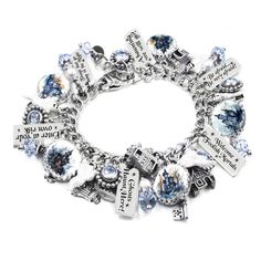 Embrace the spookiness with our haunted house charm bracelet! Handcrafted with attention to detail, this fun accessory features white enameled ghosts, pearls, and light sapphire crystals. The bracelet is adorned with 14 silver haunted house charms, made to never tarnish.   Designed for convenience, it has an easy-on, easy-off clasp for hassle-free wear. The adjustable design allows for a perfect fit, and custom sizing is available upon request.  Presented in a gift box and wrapped with care, it' Novelty White Bracelets With Charms, White Novelty Bracelets With Charms, Houses Watercolor, Ghost Haunting, Fairytale Bracelet, Spooky Haunted House, Autumn Bracelet, Halloween Bracelet, Awareness Bracelet