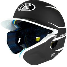 the helmet is black and white with blue accents