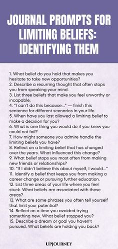 a poster with the words journal prompts for limiting beliefs and identifying them on it