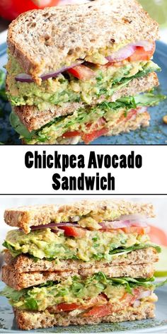 chicken avocado sandwich with lettuce and tomatoes on the side, cut in half