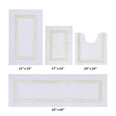 three white rugs with gold trim on them