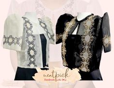 Unveil Timeless Elegance: Where Tradition Meets Modern Glamour ✨ Elevate your wardrobe with our stunning White or Black Piña Organza Bolero Filipiniana--a perfect fusion of classic sophistication and contemporary flair. Handcrafted with 100% authentic fabric by master Filipino artisans, this exquisite bolero offers unmatched quality at an irresistible price. ✨ Why You'll Adore It ✨ Classic Charm, Premium Quality:  Made from ethereal, lightweight organza, our bolero exudes grace and elegance, mak Filipiniana Blazer, Modern Filipiniana Bolero, Transitional Embroidered Brocade Nehru Jacket, Filipiñana Bolero, Elegant Black Floral Embroidery Kimono, Wedding Shrug, Shrugs And Boleros, Timeless Elegance, Special Occasion