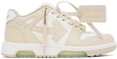 Low-top buffed leather sneakers in beige and white. · Perforated detailing at toe · Signature leather zip-tie at lace-up closure · Leather logo patch at padded tongue · Padded collar · Signature graphic appliqué at sides · Logo embossed at heel counter · Mesh lining · Treaded rubber sole Supplier color: White/Beige Out Of Office Sneakers, Office Sneakers, Off White Clothing, Chain Strap Bag, Out Of Office, Floral Shoes, White Shoes Women, Leather Logo, Suede Sneakers