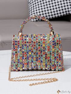 Bird in Bag - Glamorous Evening Clutch Bag in Vibrant Rhinestones Glamorous Multicolor Rectangular Evening Bag, Multicolor Rhinestone Evening Bag For Party, Multicolor Rhinestone Evening Bag For Events, Glamorous Multicolor Bags For Formal Occasions, Glamorous Multicolor Party Bags, Multicolor Square Party Bag, Multicolor Rhinestone Shoulder Bag For Party, Embellished Multicolor Evening Bag, Glamorous Crystal Bags With Rhinestones