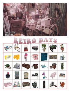 an advertisement for the retro days with various items in it and on top of each other