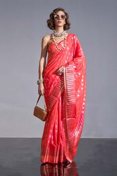 About this Product Saree: Saree Type: Ready to wear saree, Pre-stitched Saree Color: Coral Saree Fabric: Silk Type of Work: Foil Print, Lace Drape Style: Choose the drape style while order: Standard Open, Pleated or Gujarati Saree length: 5.5 meters Petticoat: Saree comes with an in-built butter crepe petticoat, no additional petticoat is required to wear with the saree. Sizing: Waist is adjustable +/- 1 size with a partial elastic waist band that falls under the drape for added comfort. Blouse: Coral Saree, Saree With Belt, Handloom Weaving, Indian Silk Sarees, Ready To Wear Saree, Art Silk Sarees, Wear Saree, Blouse Material, Silk Sarees Online