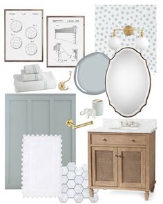 a bathroom design board with blue and white accents, including a mirror, sink, toiletries