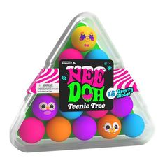 an assortment of colorful balls in a plastic container with the words free doh on it