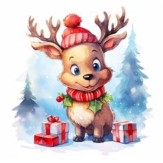 a reindeer with a scarf, hat and gift boxes in front of snow covered trees