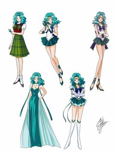 four cartoon girls dressed in different outfits