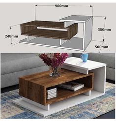 the table is made from wood and has two drawers on each side, with one drawer open