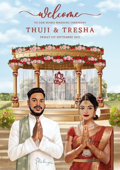 "🌼 Welcome to a Tamil Wedding Extravaganza! 🌟 Our custom-designed Welcome Board is a masterpiece that captures the essence of this special day. Adorned with intricate illustrations of the venue, the majestic Mandap, traditional attire, beautifully detailed faces, and exquisite accessories. #TamilWedding #CustomIllustration #WeddingWelcome #TraditionAndLove" Wedding Mandap Illustration, Mandap Illustration, Couple Illustration Wedding, Wedding Card Design Indian, Wedding Caricature, Wedding Welcome Board, Welcome Board, Indian Wedding Invitation Cards, Tamil Wedding