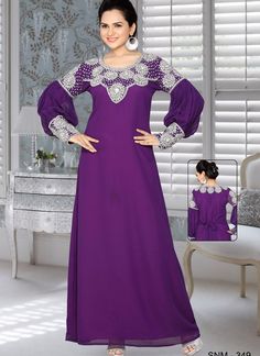 A-line Party Wear Dubai Style Kaftan With Silver work Zdone, Aline Style, Georgette Fabric, Purple Color, Handmade, Silver Embroidered – Arabic attire  #kaftangrosir #kaftanetnik  #kaftanbagus #kaftanlace #kaftanbrokat #kaftantanahabang Dubai Style, Moroccan Kaftan, Islamic Dress, Eid Dresses, Long Sleeve Print Dress, Purple Fabric, Georgette Fabric, Silver Work, Kaftan Dress