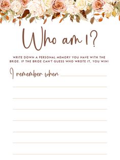 a floral bridal memory card with the words who am i?