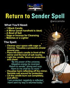 ✨ Return to Sender Spell ✨  Feeling the weight of negative energy? It’s time to protect yourself and send any harmful vibes right back to where they came from! 🕯️🔮  Use this simple spell to reflect negativity, cleanse your space, and affirm your protection. Light your black candle, visualize, and let the universe do the rest. 🌙  Comment “I am protected” to claim this energy for yourself. 💫 Returning Negative Energy Spell, Protection Spells Candle, Return Spell To Sender, Power Of Three Spell, Protection Spell Against Enemies, Return To Sender Candle, Reverse Candle Spell, Return To Sender Candle Spell, Protection Spells For Family