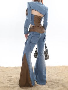 Size: S M LColor classification: bandeau flared pants denim blouseRelease Year Season: Fall 2023 Strap Blouse, Bandeau Crop Top, Trendy Boots, Pants Denim, Denim Blouse, Flared Pants, Washed Denim, Fall 2023, Runway Models