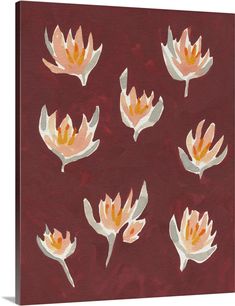 a painting of white and orange flowers on a red background