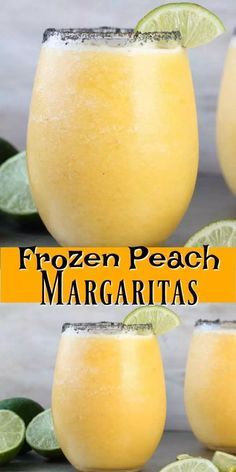 frozen peach margaritas with lime slices on the rim