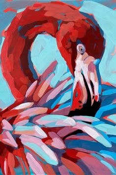 a painting of a pink flamingo with blue and red colors on it's body