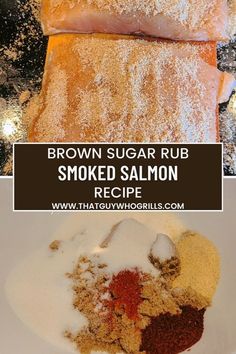 brown sugar rub smothered salmon recipe on a white plate with text overlay