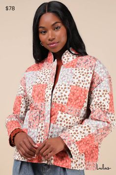 The Whimsical Warmth Coral Multi Floral Patchwork Print Jacket is essential for cute and cozy styling this fall! This adorable quilted utility jacket is composed of sleek nylon fabric that boasts a floral, patchwork-inspired print (in hues of coral, light blue, ivory, and brown) as it shapes a collared neckline and long sleeves. The comfy, relax-fit bodice features a functional snap button placket atop a hidden zip-front and twin patch pockets at the front. Fit: This garment fits true to size. L Spring Cotton Quilted Outerwear, Spring Quilted Cotton Outerwear, Quilted Cotton Outerwear For Spring, Pink Quilted Puffer Jacket For Fall, Spring Cotton Puffer Jacket With Pockets, Trendy Cotton Quilted Jacket For Spring, Trendy Cotton Outerwear With Floral Print, Trendy Cotton Puffer Jacket For Spring, Casual Patchwork Quilted Jacket For Fall