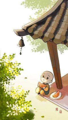 an animated image of a little boy sitting under a gazebo