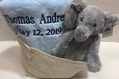 a stuffed elephant in a basket with a baby blanket on it's back that says thomas andrade day 12, 2009