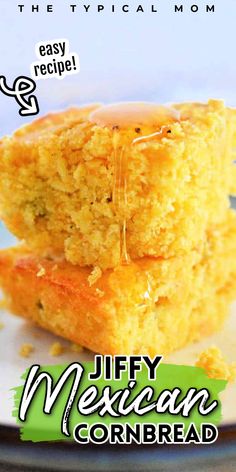 two pieces of cornbread on a plate with the title, easy mexican cornbread