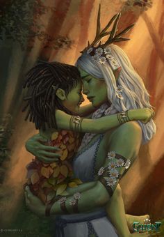 a painting of two people hugging each other in front of trees and leaves with horns on their heads