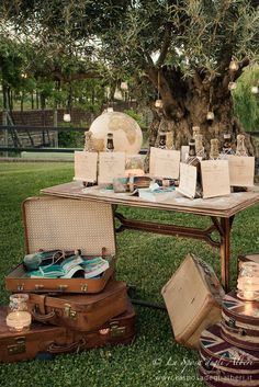 an outdoor table with lots of suitcases and cards on it, under a tree