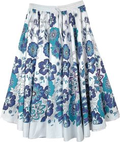 This is a mid length skirt with printed blue floral print and a voluminous fall. A beautiful white cotton skirt perfect for a relaxing cruise vacation or a date, the simple style and colors are reminiscent of the romantic and fun Greek islands. Match it with a solid color for a casual look or with a romantic blouse with intricate work details for a formal and festive look. The fabric feels very soft and gentle on the skin and does not need a lining. The elastic and drawstring on the waistband gi Floral Print Full Maxi Skirt, Floral Print Full Maxi Skirt With Voluminous Fit, Voluminous Floral Print Full Maxi Skirt, White Flowy Floral Print Maxi Skirt, Knee-length Cotton Maxi Skirt For Summer, Summer Floral Print Midi Maxi Skirt, Beach Floral Print Knee-length Skirt, Summer Floral Print Voluminous Maxi Skirt, Blue Gathered Skirt For Summer