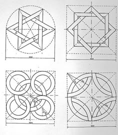 four different geometric designs are shown in black and white