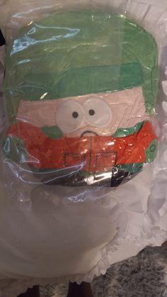 a plastic bag with a cartoon character on it's face in the shape of a soldier