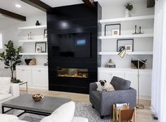 a living room filled with furniture and a fire place in the middle of the room