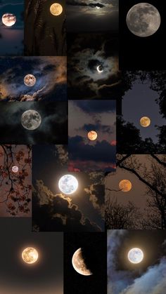 many different images of the moon and clouds