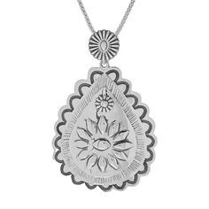 Capture the charm of the American Southwest with this concho pendant from Southwest Elements! Crafted from sterling silver, the pendant features detailed oxidized designs from engravings to beautiful flowers. Wear with the included 18-inch popcorn chain or a favorite from your own collection. Add the matching earrings 208-224 to complete your look! Concho Sterling Silver Necklace For Gifts, Bohemian Sterling Silver Necklace With Concho, Sterling Silver Concho Necklace For Gift, Vintage Sterling Silver Concho Necklaces, Vintage Sterling Silver Concho Necklace, Silver Concho Pendant Jewelry, Faux Fur Fashion, Element Necklace, Mens Gold Jewelry