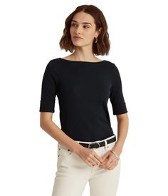 For a look that's as versatile as your social calendar, look no further than the LAUREN Ralph Lauren® Stretch Cotton Boatneck Top. This effortless tee is crafted from a superbly soft cotton knit with subtle stretch for a comfortable wear throughout the day..Minimal seam detailing throughout lends a sleek and elevated finish..Bateau neckline..Half-length sleeves with cuffs..Signature monogram embroidery at hem..Straight hemline with side vents..94% cotton, 6% elastane..Machine wash, tumble dry..Imported..Product measurements were taken using size XS. Please note that measurements may vary by size..Measurements: Length: 22 1/2 in Versatile Cotton Knit Top For Work, Elegant Fine Knit Cotton Top, Stretch Cotton Knit Top For Workwear, Elegant Ralph Lauren Short Sleeve Tops, Elegant Short Sleeve Ralph Lauren Tops, Spring Ralph Lauren Knit Tops, Elegant Cotton Knit Top For Work, Elegant Cotton Fine Knit Tops, Classic Cotton Knit Top With Relaxed Fit