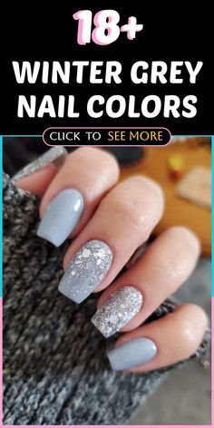 Indulge in the elegant and classy essence of winter by exploring a range of exquisite grey nail shades perfect for the season! From sophisticated slate grey to warm dove hues, or even a touch of shimmering silver, grey nails offer endless style options to enhance your winter look. Elevate your manicure game with these chic grey nail color ideas that will elevate your fashion game during the chilly season. Embrace the finesse of grey nails and conquer winter with style! Nails Acrylic Grey Blue, Good Colors For Short Nails, Gray And Sparkle Nails, Gray Glittery Nails, Gray Nail Color Ideas, Flat Gray Nails, Grey Elegant Nails, Gel Dip Manicure Ideas, Light Grey Manicure